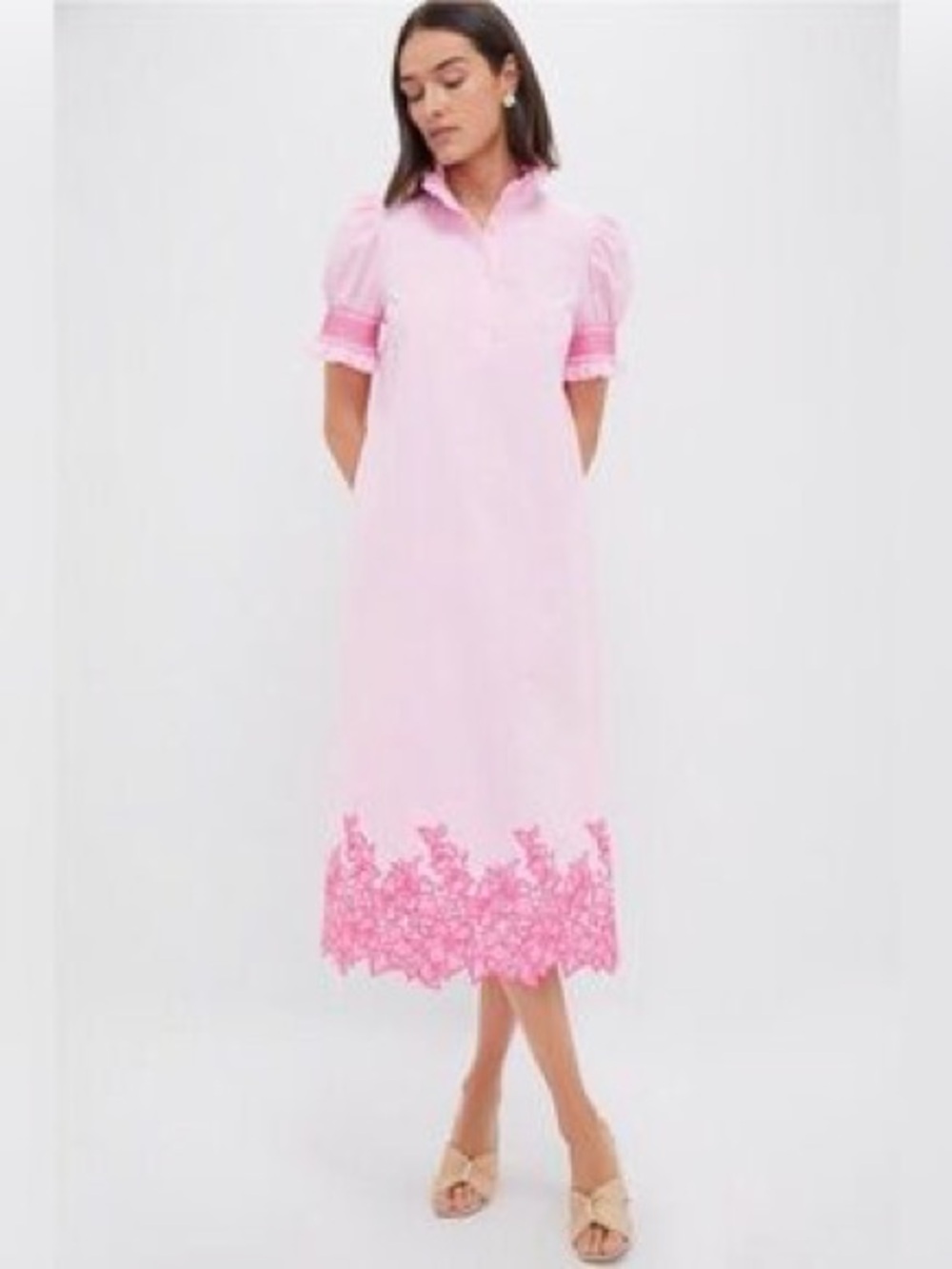 Tuckernuck Hyacinth House Pink Floral Embroidered Puff Sleeve Midi Dress Women S